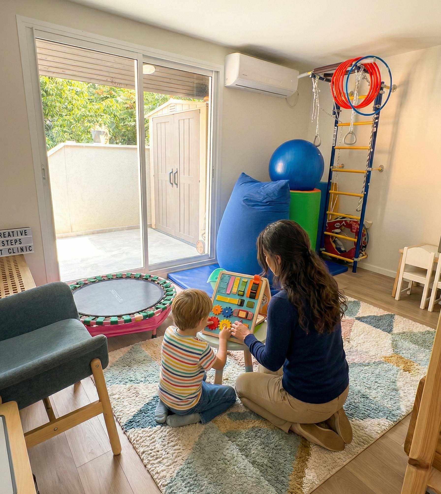 מרפאה בעיסוק עובדת עם ילד בחדר טיפולים מואר